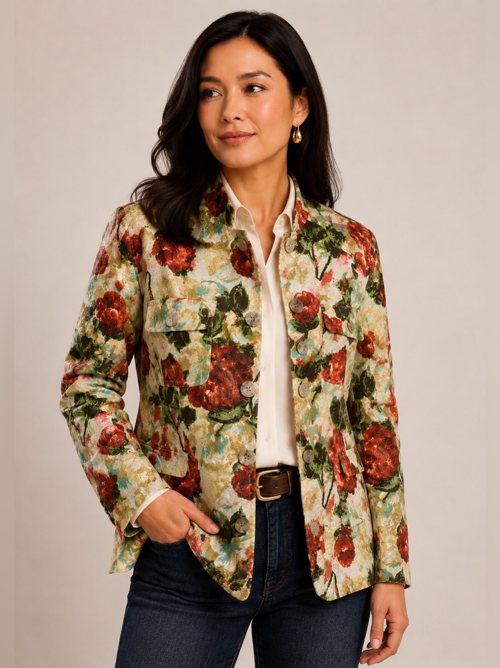 BAMBOO TRADERS Floral Cotton Eyelet Lined Short Blazer/Jacket - Size Large